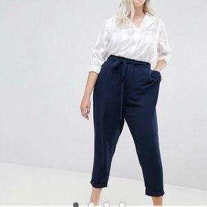 ASOS Curve Woven Peg Pants with Obi Tie Navy Blue
